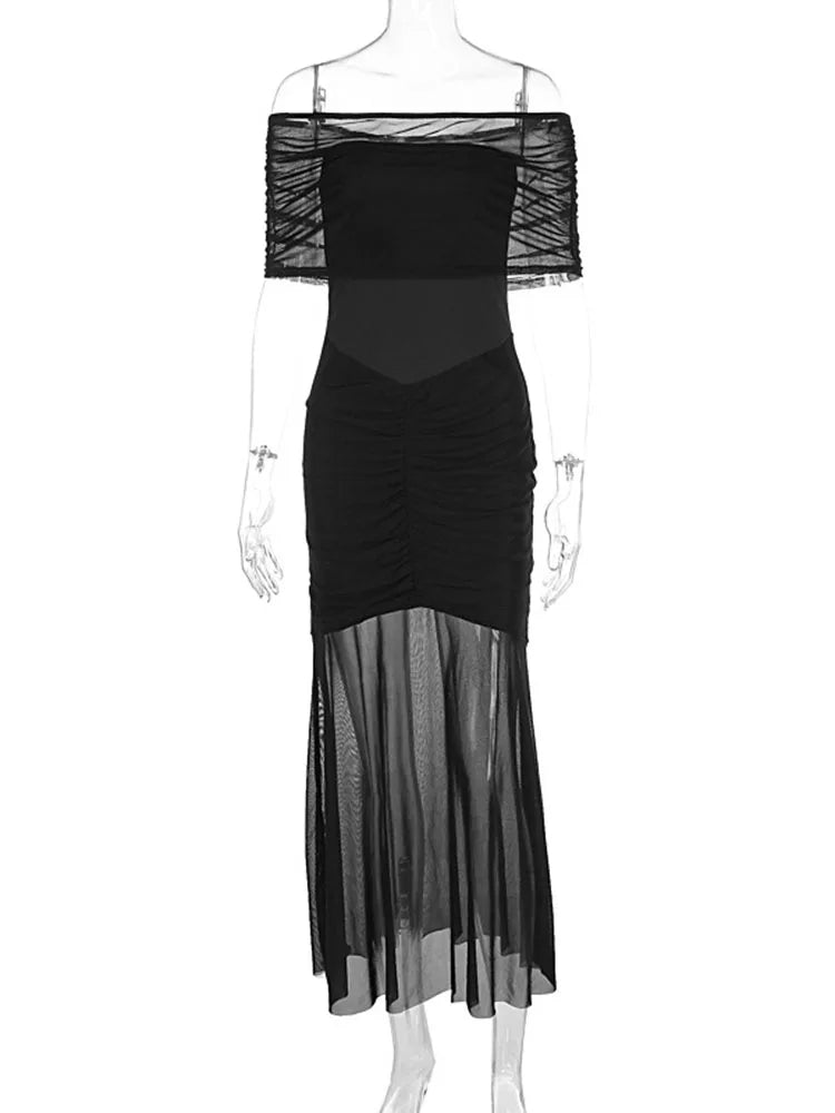 Strapless Pleated Mesh Splice Maxi Dress Two-piece Backless See Through Party Dresses Slim One Step Dress