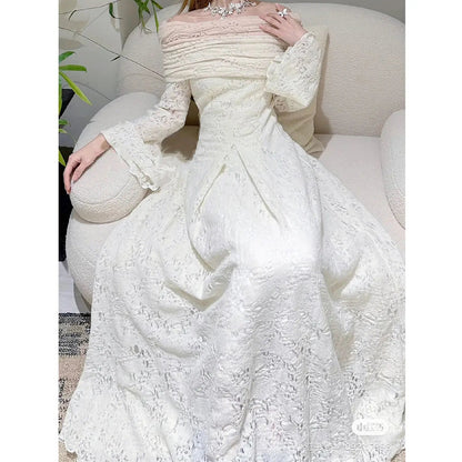 Autumn/winter Retro Flare Sleeve Off Shoulder Shawl White Dress Slimming Knitted Jacquard Fishtail Maxi Dress for