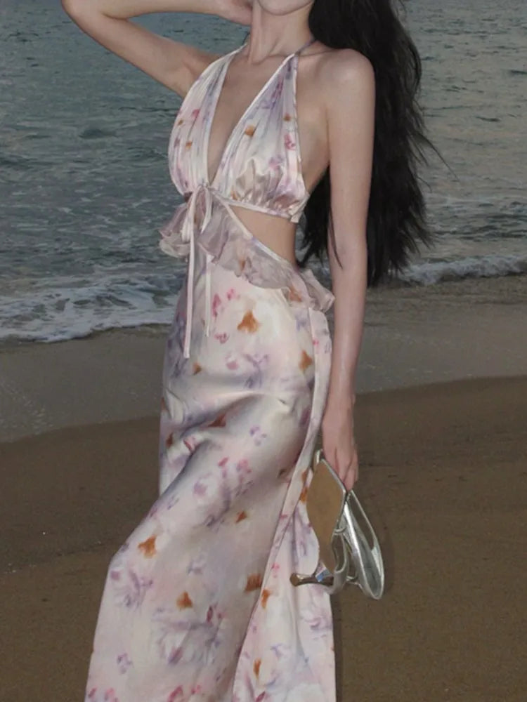 New New Print Midi Dress Sleeveless Halter Bodycon Slim Beach Holiday Vestidos Female Backless Clothes