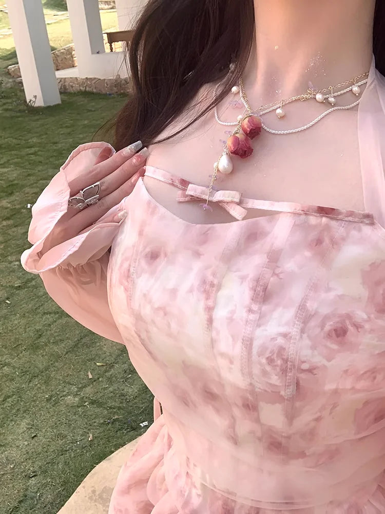 Halterneck Dress for Korean Pink Rose Chiffon Clothing New Summer Party Korean Long Dresses.