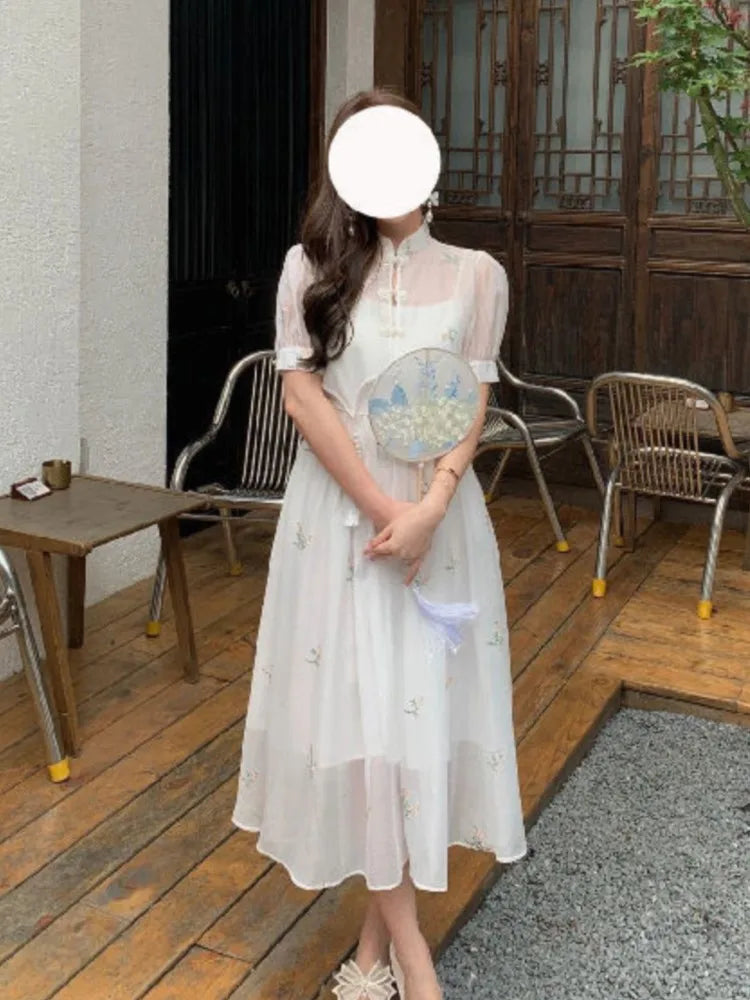 Dress Sets Summer Chinese Style Hight Waist Mesh Midi Dresses Gentle Wind Female Dress Vestidos