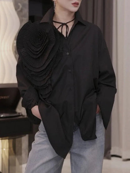 Shirt Lapel Long Sleeves Single Breasted Threedimensional Flower Color Blouse Autumn New 3wq505