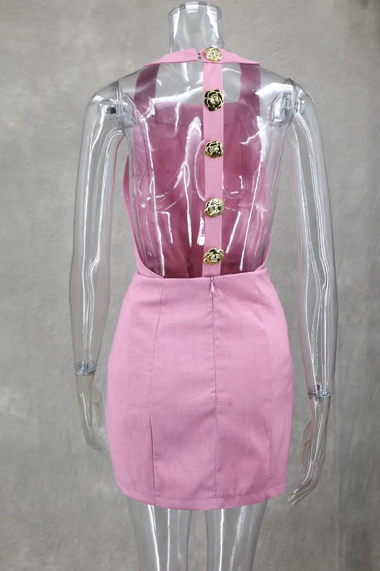 Pink Halter Hallow Out Backless Mini Dress New Sleeveless Slim Gold Button Dresses Lady Party Vestidos
