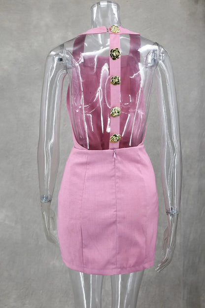 Pink Halter Hallow Out Backless Mini Dress New Sleeveless Slim Gold Button Dresses Lady Party Vestidos