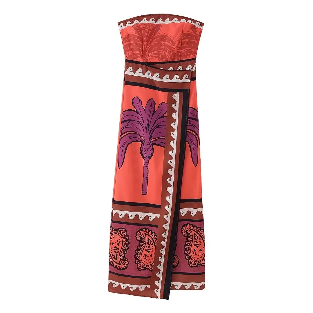Summer Printed Tube Dress Strapless Slim Fit Midi Dresses Female Hem Slit Beach Dress