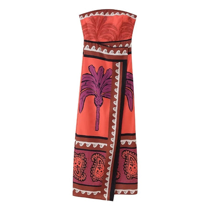 Summer Printed Tube Dress Strapless Slim Fit Midi Dresses Female Hem Slit Beach Dress
