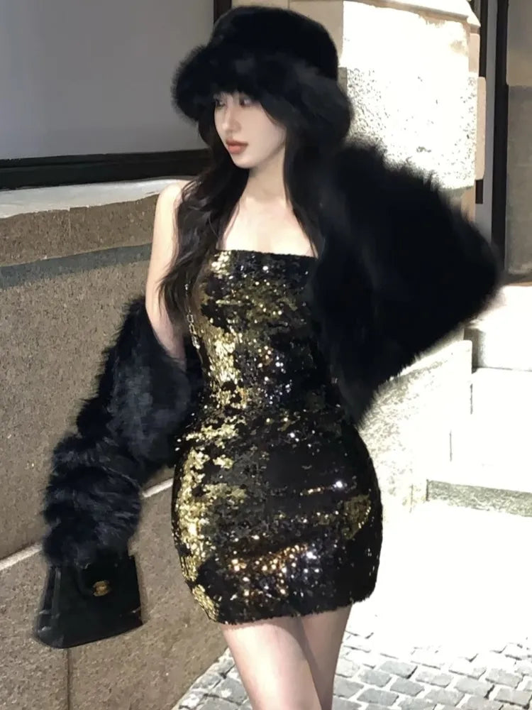 Mini Dress Autumn Winter Trend Sequins Spaghetti Strap Dresses Slim Hot Girl Evening Party Clothing