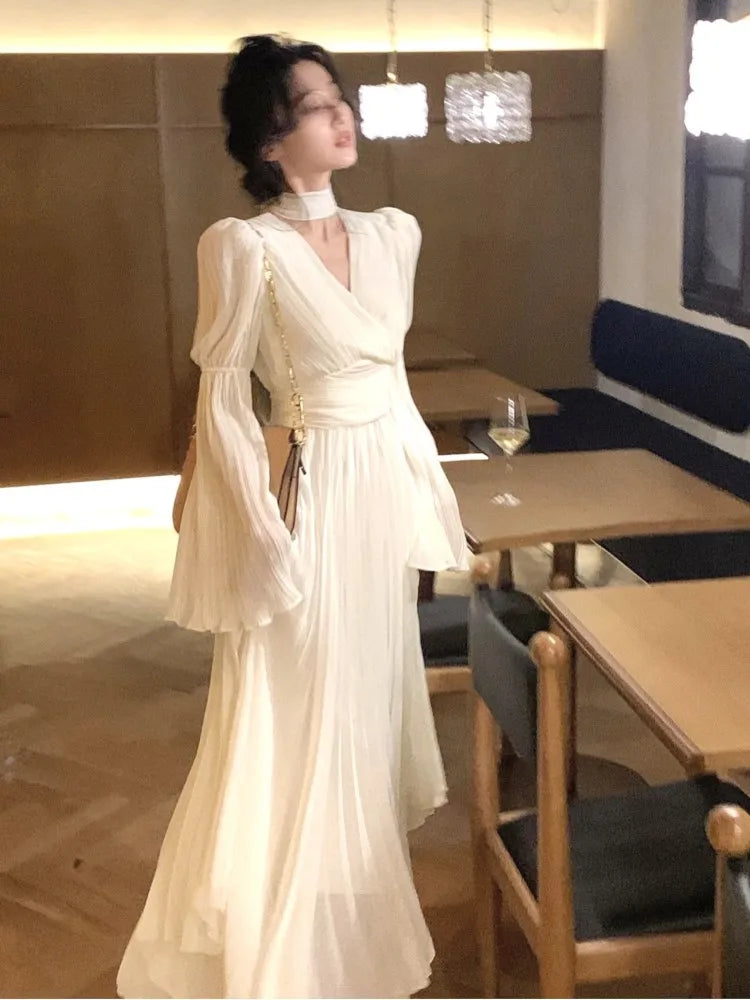 Autumn Pleated Long Dresses for Halter V-neck Flare Sleeve Wedding Party Dress Korean One Piece Vestidos New