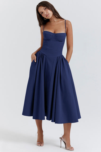 Dress Spaghetti Strap A-line Loose Midi Dresses Female Sleeveless Backless French Retro Long Dress