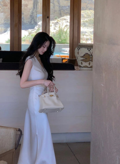 Vneck Slim Midi Dresses for Sleeveless Party Prom Female Clothes Summer