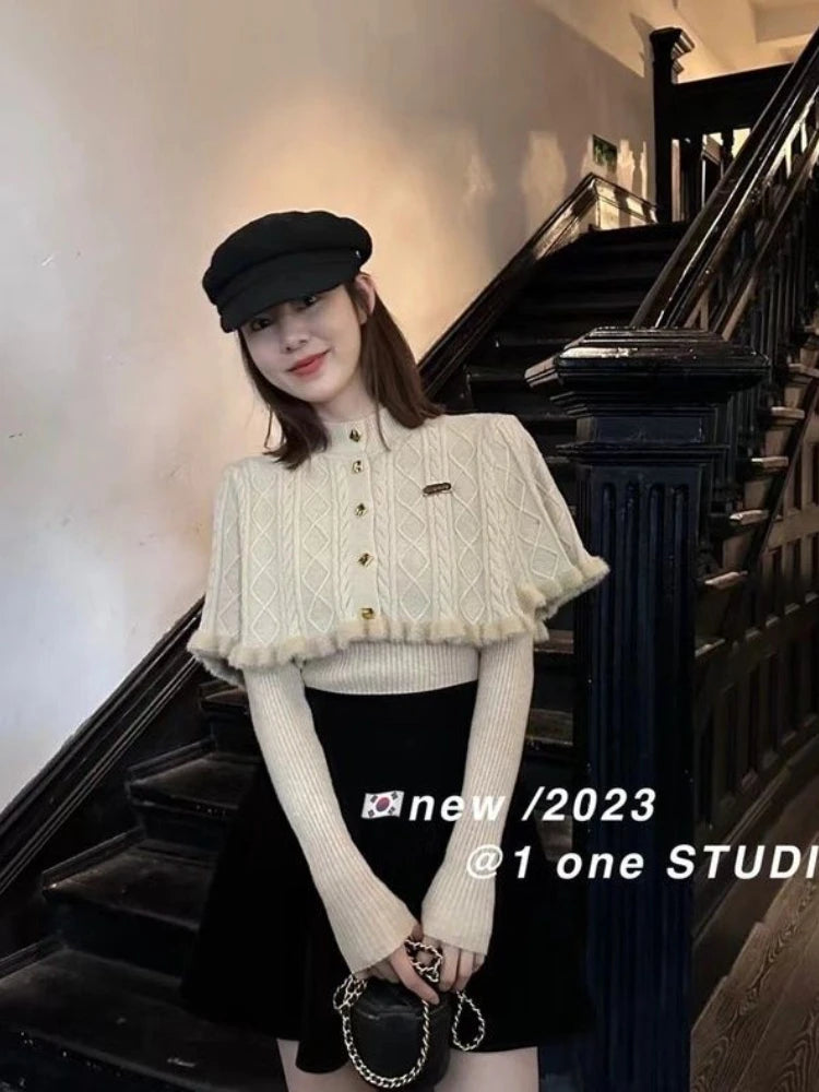 French Gentle Christmas Sweater Twopiece Set Cardigan Female Autumn Winter Slim Base Temperament Knitting Shawl Top