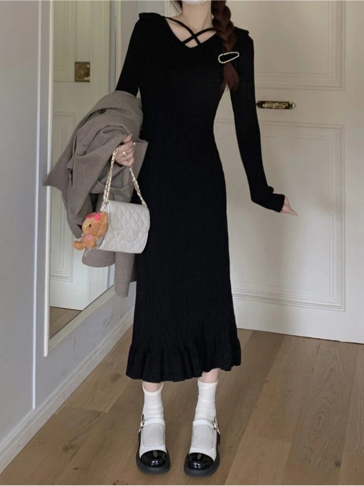 Autumn Knitted Dresses for Ruffles V-neck Bodycon Midi Dress Korean Vestidos Mujer New Knitwear