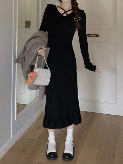 Autumn Knitted Dresses for Ruffles V-neck Bodycon Midi Dress Korean Vestidos Mujer New Knitwear