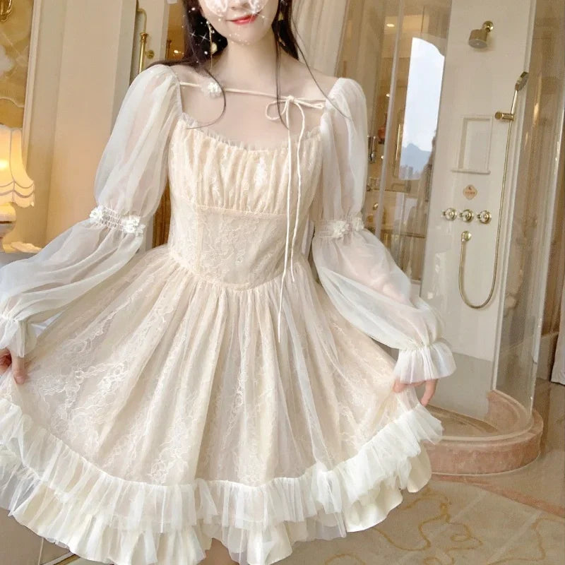 Lolita Kawaii Dress Long Sleeve Y2k Mini Dress Female Japanese Style One Piece Dress Korean Spring