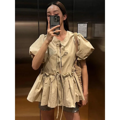 Allmatch Oneck Lace Up Blusas Mujer Summer New Ruched Shirts Y2k Puff Sleeve White Loose Blouses