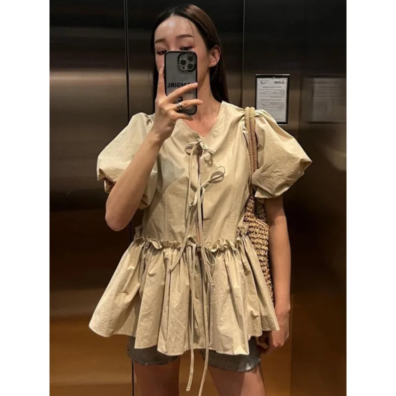 Allmatch Oneck Lace Up Blusas Mujer Summer New Ruched Shirts Y2k Puff Sleeve White Loose Blouses