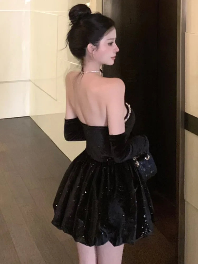 Black Velvet Dresses Y2k Strapless Birthday Party Mini Dress Korean Slim Waist Aline Short Vestidos Female Clothing