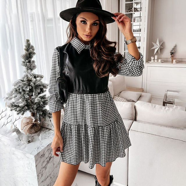 Plaid Shirt Vestidos Long Sleeve White Short Dress for Summer Pu Leather Patchwork Sweet Office Mini Dresses