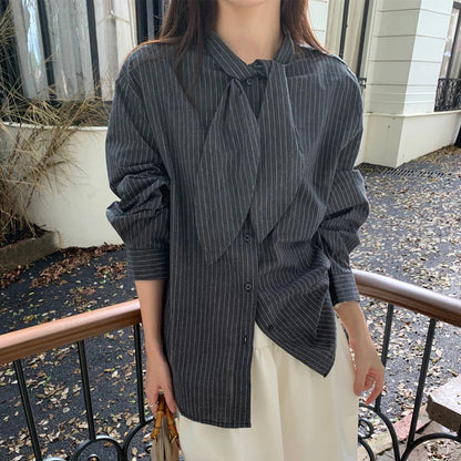 Striped Shirts Tie Long Sleeve Blouses Office Korean Single Breasted Design Tops