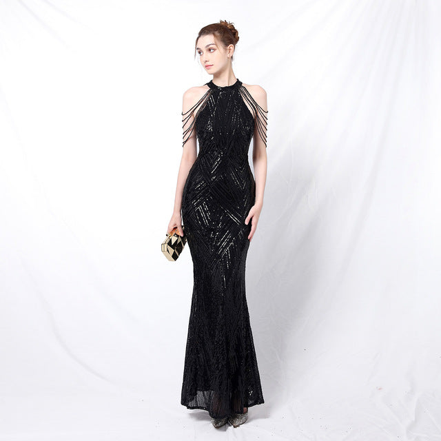 Halter Neck Sequined Evening Dresses Crystal Tassel Hip Skirt Sleeveless Rhinestone Decoration Long Dress