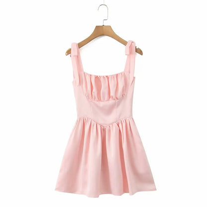 Pleated Design Tie-up Sleeveless Summer Dresses Color Slim Fit Mini Dress Simple Party Dress