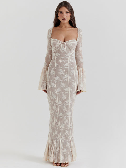 Lace Print Long Flare Sleeve Maxi Dress for Square Collar Backless Bodycon Club Party Dress
