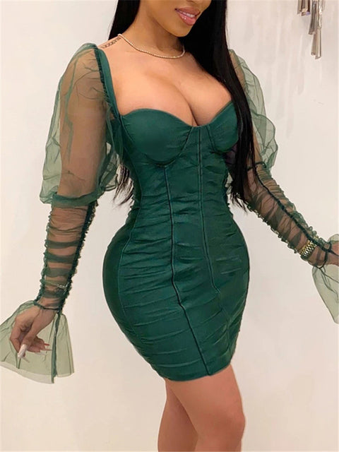 Mesh Puff Sleeve Party Dress Low Collar Backless Patchwork Red Mini Dress Nightclub Spring Vestidos