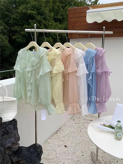 New Autumn Winter Crewneck Ruffle Pleated Puff Long Sleeve Design Blouses Oversize Patchwork Chiffon Overshirt