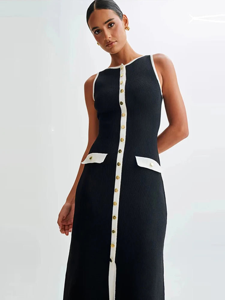 Single Breasted Knitted Maxi Dress O Neck Sleeveless Fake Pockets Dresses New Lady High Street Robes