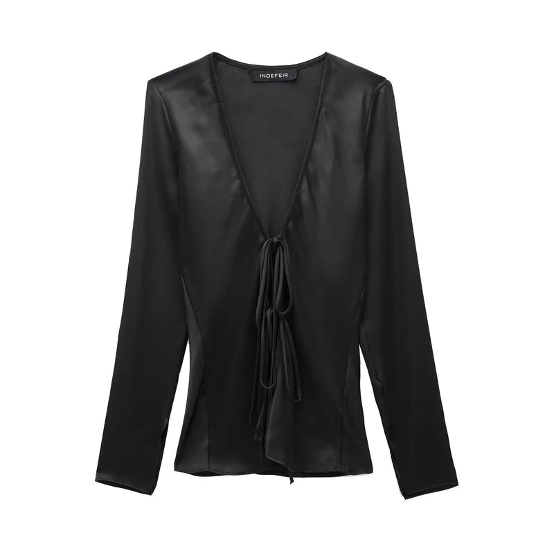Vneck Lace Up Satin Blouses Long Sleeves Color Shirt Top Female Versatile Tops