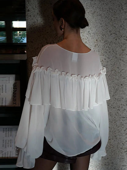 Pleated Layered Deep V-neck Pullover Blouse