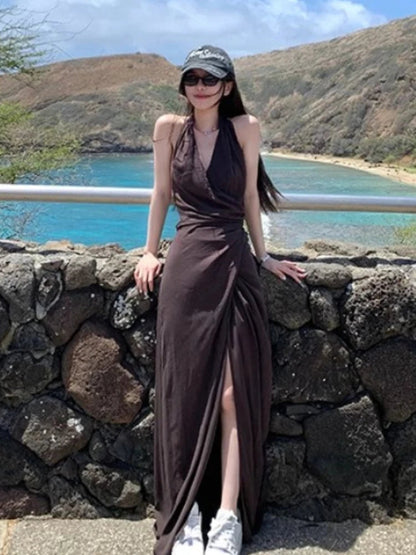 French Vneck Midi Dress Female Beach Style Clothing Summer Retro One Piece Dress Korean