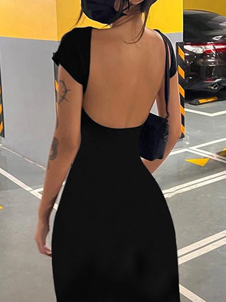 Backless Skinny Short Sleeve Long Dress Summer Vacation Outfits