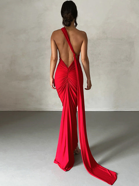 Oblique Shoulder Backless Maxi Dress for Gown Summer Back Strap Sleeveless Ruched Party Long Dress Vestidos