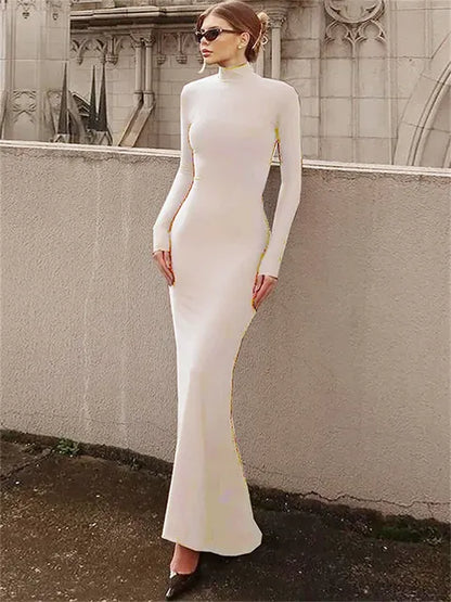 Skinny Turtleneck Backless Maxi Dress ’s Patchwork High Waist Hollow Out Party Dress Female Long Dress