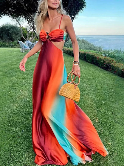 Slip Gradient Long Dress Satin Backless Cut Out Beach A-line Dresses Summer Lady Pleat Vacation Robes
