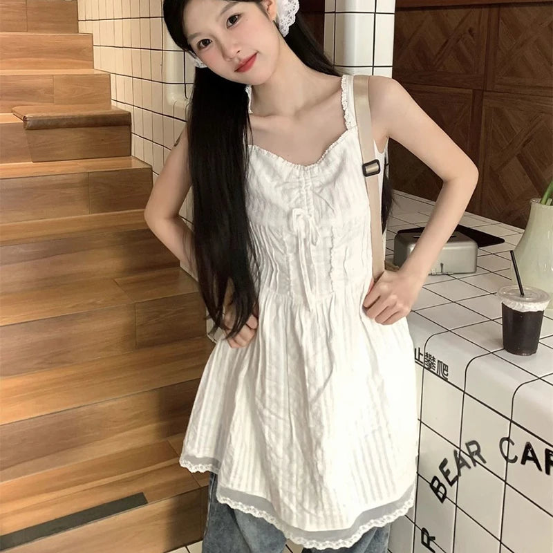White Camis Dresses Summer French Sweet Lace Patchwork Spaghetti Strap Dress Korean Kawaii Female Mini Dress Tops