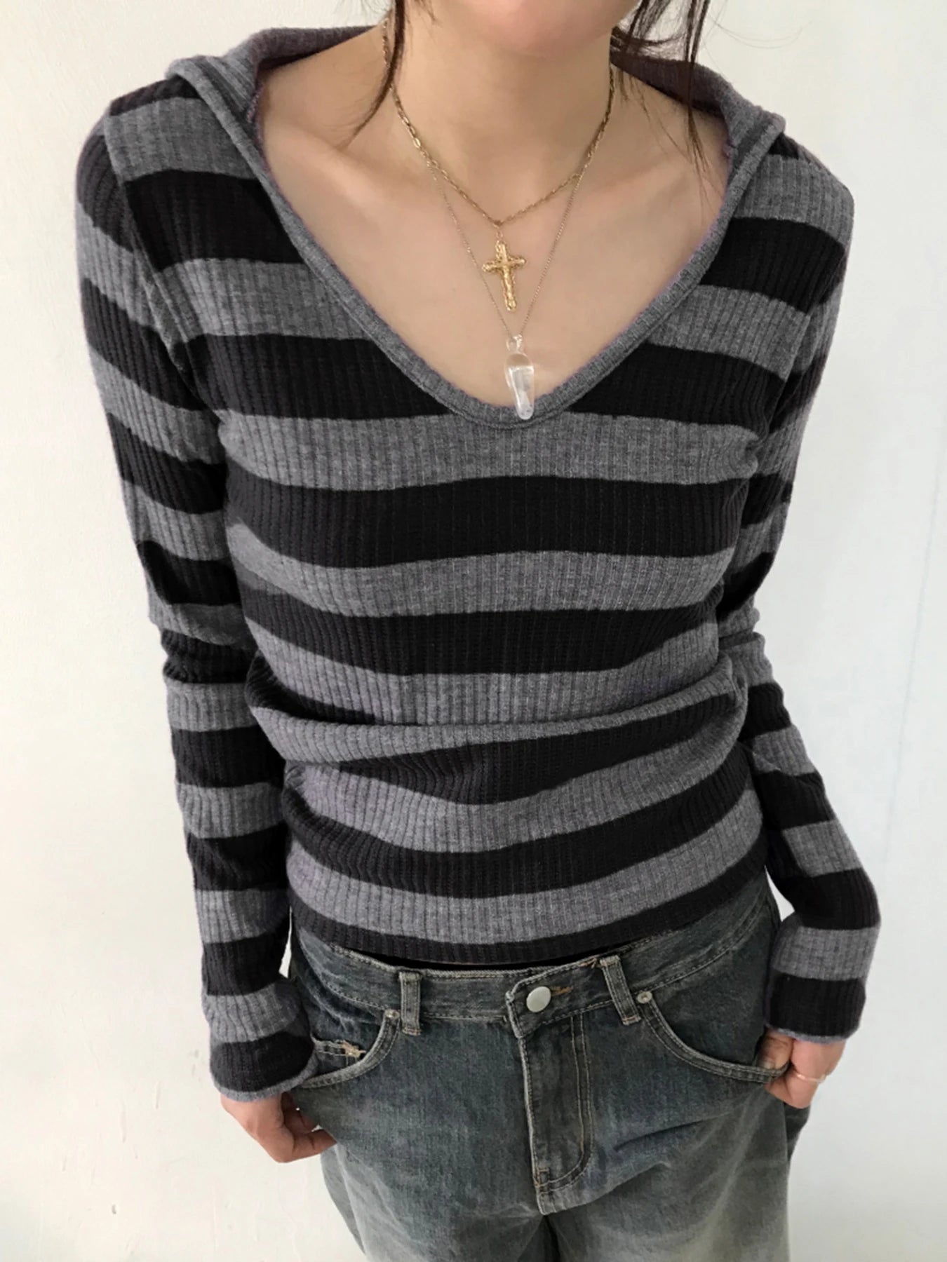Black Dark Gray Stripe Hooded T-shirt V Neck Slim Long Sleeve Basic Spring Autumn Ribbed Top Preppy Tee