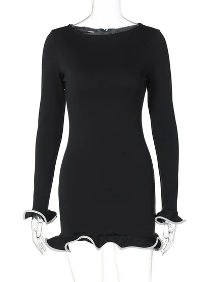 Slim Long Dress for Ruffled Splice Dress Backless Long Sleeve Contrast Color Autumn Gown Dresses Lady