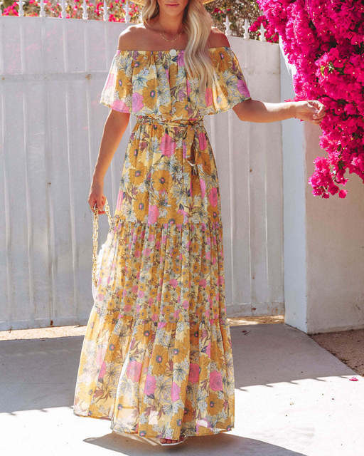 Flower Print Off Shoulder Long Dresses for Spring Summer New Temperament High Waist Leace-up Dress Female Vestidos