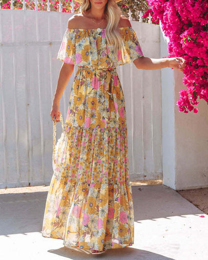 Flower Print Off Shoulder Long Dresses for Spring Summer New Temperament High Waist Leace-up Dress Female Vestidos