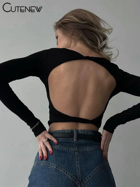 Wild T-shirts Classic Concise Back Cut Out Full Sleeve Skinny Crop Tees Female Trend Matched