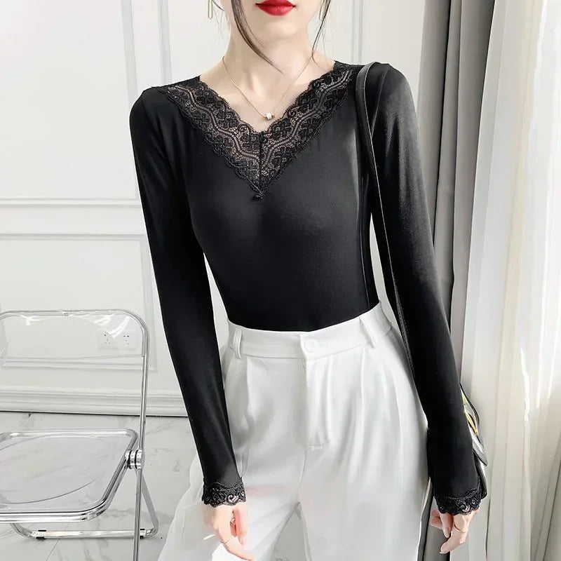 Autumn Long Sleeve Shirt Spring Lycra Thermal Underwear Basic V Neck T-shirt Underwear Woman Top Thin Blouse Female Clothing