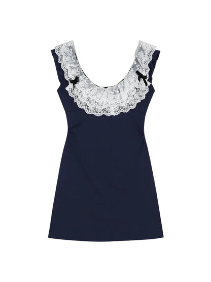 Lace Patchwork Mini Dresses for Flying Sleeve Aline Summer Dresswith Bow Korean Slim Uniform Clothes