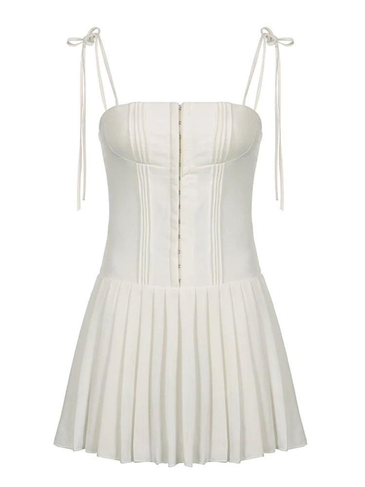 Sweet French Style White Spaghetti Straps a Line Pleated Dresses for Front Hook Closure Fit and Flare Mini Dress