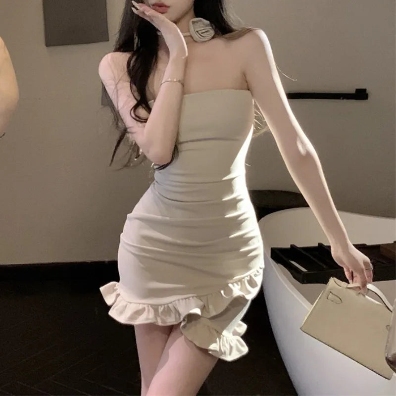 Summer Ruffles Bodycon Mini Dress French Y2k Dress Korean Retro Clothing