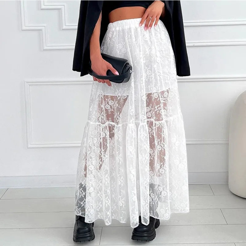 American Retro Hollow Seethrough Lace Aline Skirt Summer New High Waist Color Loose Midlength Skirt