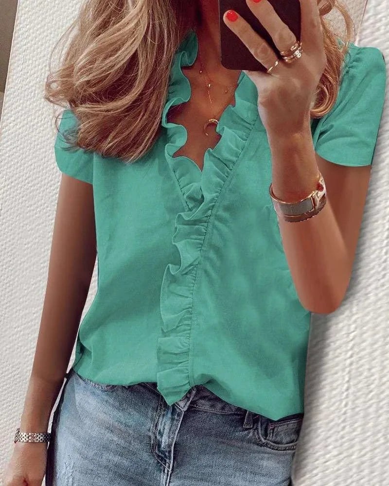 Summer Short Sleeve V-neck Blouse