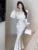Bodycon Printed Midi Dresses for V-neck Lantern Sleeve Slim Waist Mermaid Evening Party Dress Autumn New Vestidos