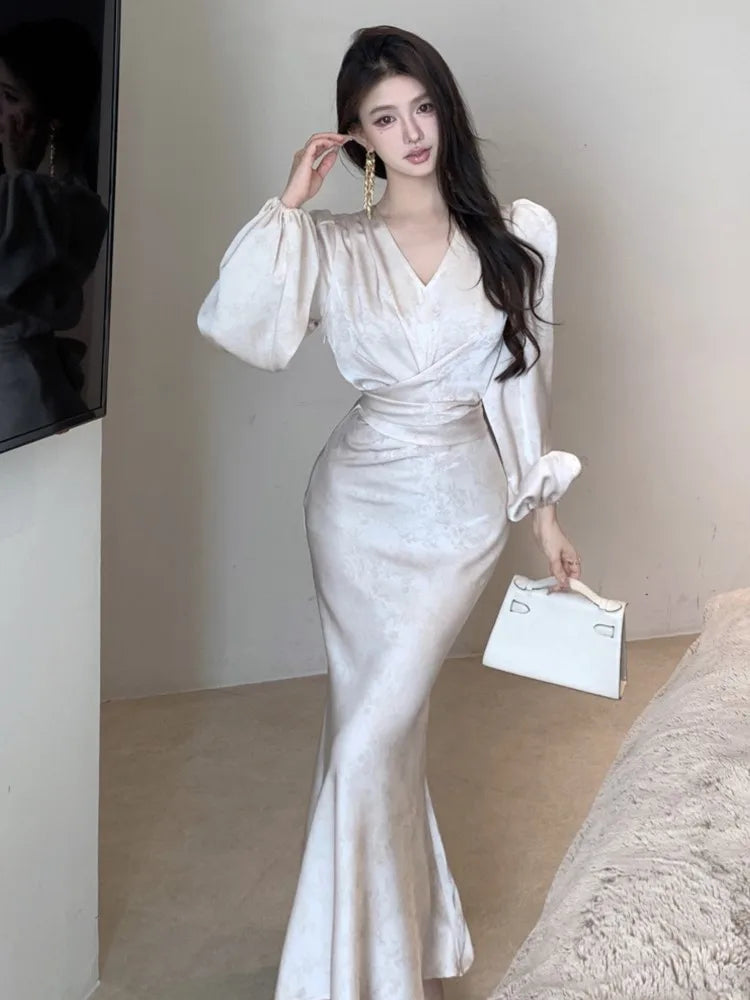 Bodycon Printed Midi Dresses for V-neck Lantern Sleeve Slim Waist Mermaid Evening Party Dress Autumn New Vestidos